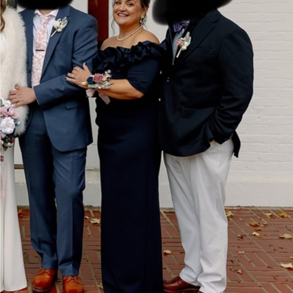 Xscape Midnight Blue Off-Shoulder Gown